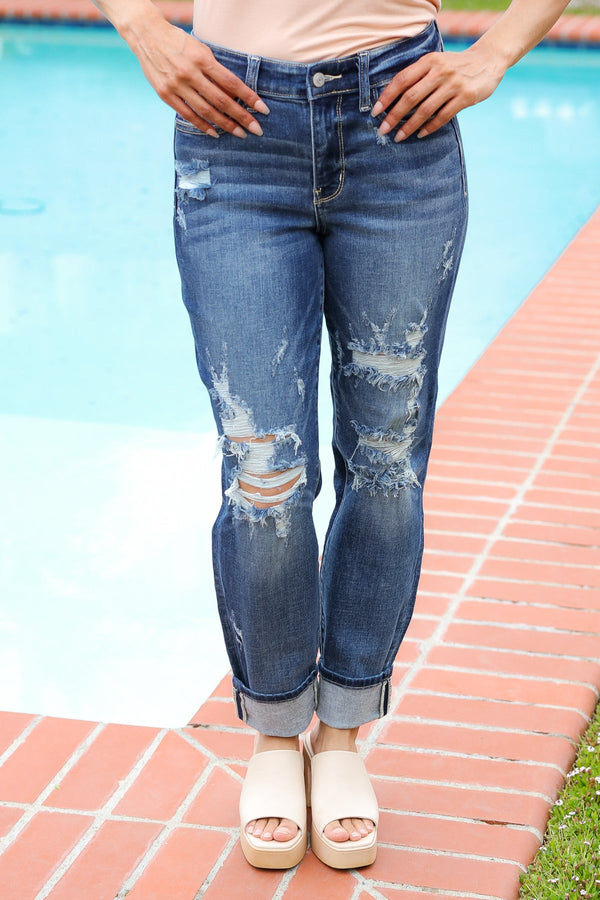 Judy Blue Medium Blue Mid Rise Distressed Boyfriend Fit Cuffed Jeans