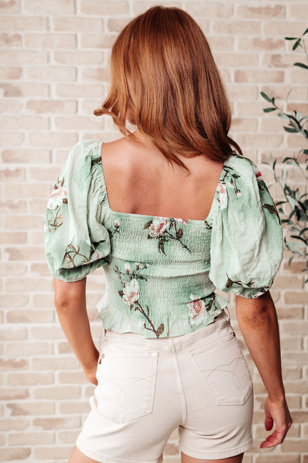 Garden of Eden Balloon Sleeve Crop Top in Sage
