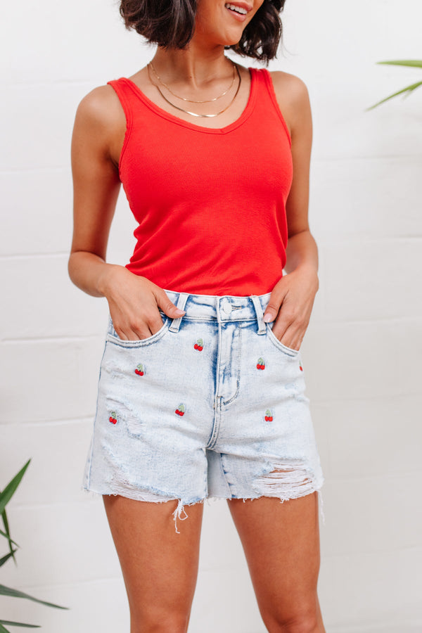 JUDY BLUE Hi-Waisted Cherry Acid Wash Cutoff Shorts