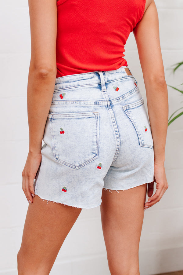 JUDY BLUE Hi-Waisted Cherry Acid Wash Cutoff Shorts