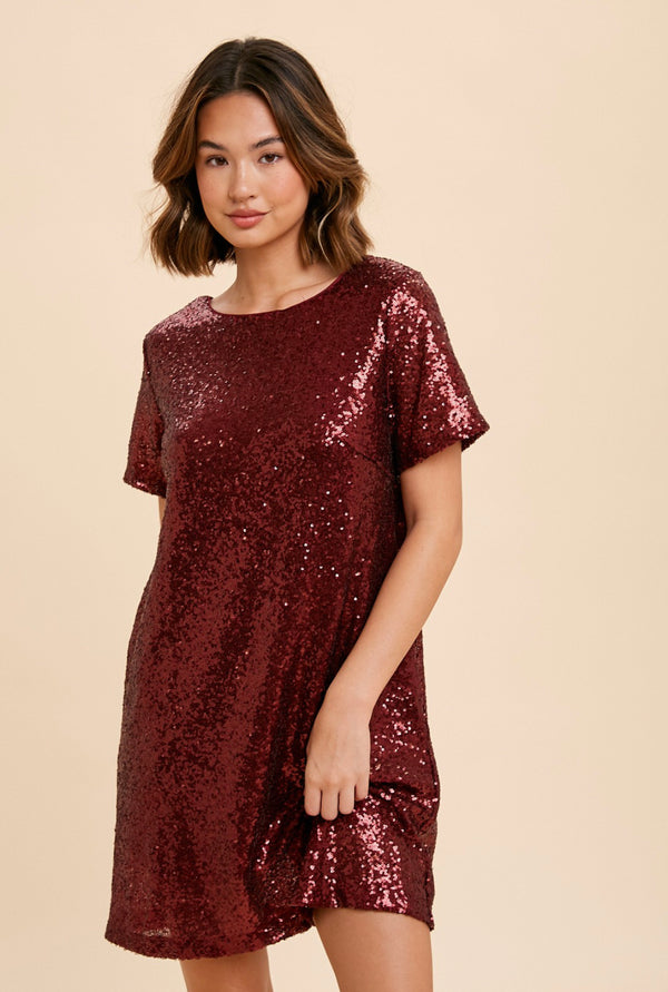 Burgundy Sequin Swifty T-Shirt Dress Red Era -SALE-